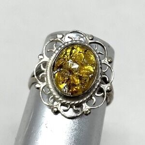 Foil Glass Ring Amber Color Sterling Silver Dainty Filigree Marked Size 4.5